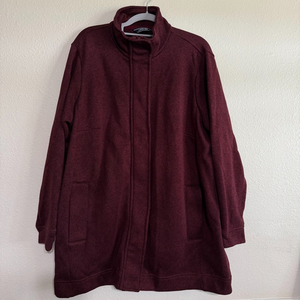Lands' End Jacket Women 1X Burgundy Knit Fleece Mock-Neck Zipper Pockets Snaps‎